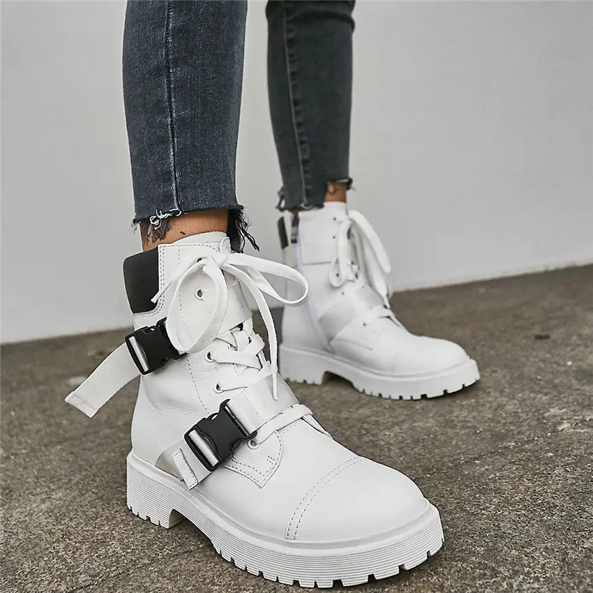 

Lace Up HIgh Top Punk Creepers Women Cow Leather Low Heel Military Riding Boots Round Toe Chic Buckle Pumps Casual Goth Sneakers