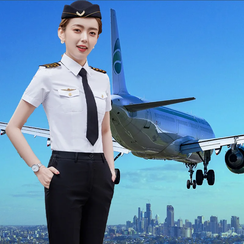 Aviation Pilot White Shirts Men 2024 Summer Short Sleeve Slim Air Force Captain Stewardess Pilot Uniform Work Cosplay Costume