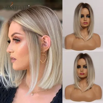 

EASIHAIR Ombre Blonde Brown Medium Long Straight Wig BoBo Hairstyle Middle Part Cosplay Heat Resistant Synthetic Wigs for Women