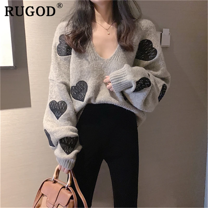 RUGOD Vitnage hearted printed women sweater Fashion V neck soft knitted sweaters female new Casual auturm winter loose coat