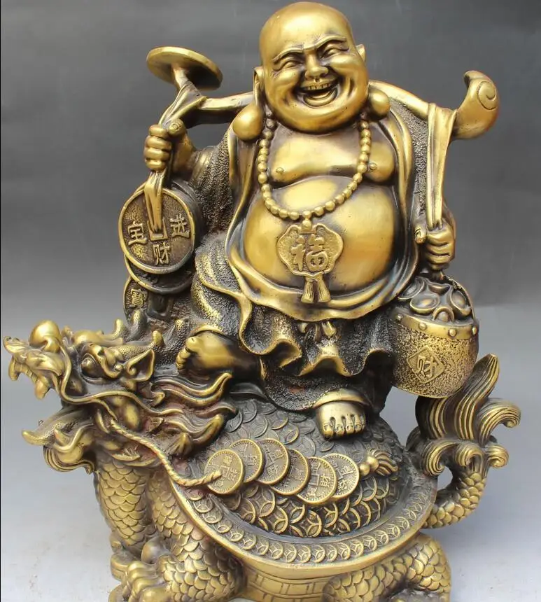 Statue de tortue en Bronze chinois, 16 pouces, bouddha Maitreya sur