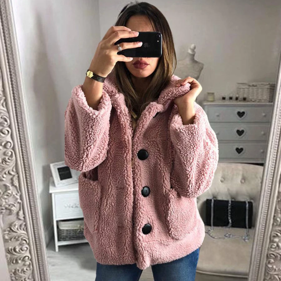 wonderful  Simple Solid Plush Women's Jacket Casual Long Sleeve Single Breasted Red Jacket Woman Winter Warm a