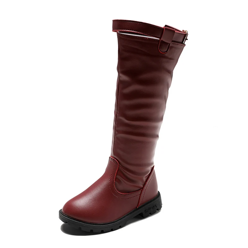 Детские сапоги обувь из искусственной pu кожи для девушек на осень-зиму ботинки на резиновой подошве для студентов высокое сапоги upper boots принцессы модные ботинки От 2 до 12 лет - Цвет: wine red