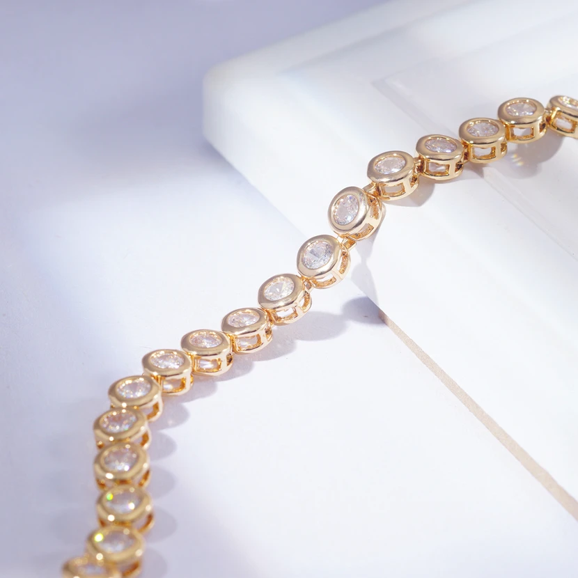 Round Copper Gold Sparkling Zircons Chain Bracelet Women Link Tennis Bracelet Fashion Jewelry Gift Dropshipping