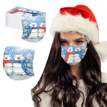 

50pc Christmas Mask For Face Adult Two Christmas Polar-bears Print Mouth Mask Disposable 3 Layer Nonwove Earring Mascarillas