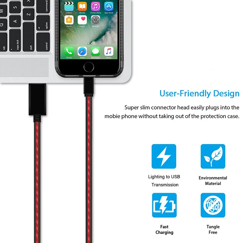 Светодиодный светящийся usb-кабель для iPhone 5S, SE 6 6S 7 8 Plus X XR XS Max для мобильного телефона, быстрая зарядка, светящийся зарядный кабель