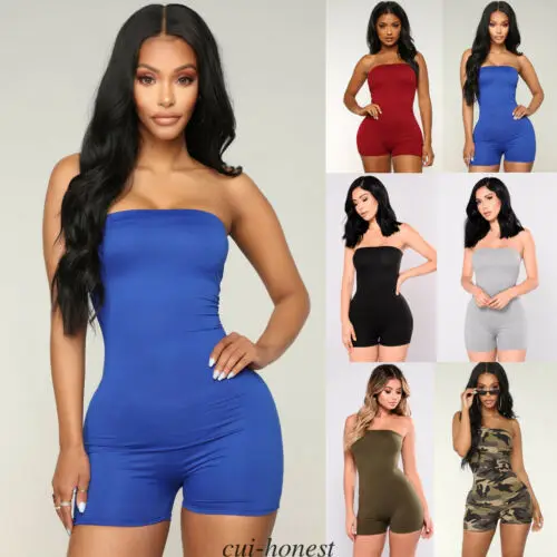 Stylish Women Sleeveless Jumpsuit Bodycon Off Shoulder Strapless Playsuit Romper Shorts