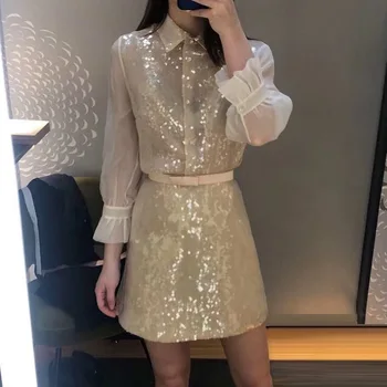 

2019 Runway Designer Summer Lady Ladies Champagne Sequins Court Wind Bow Ruffled Cuff Jacket Shirt Sets Party Clothes