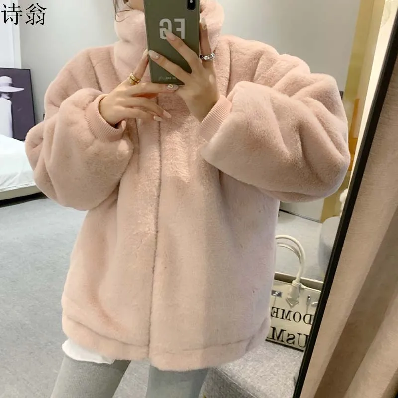 

Femme Autumn Winter Faux Fur Furry Coat Women'S Korean Elegant Zipper Warm Thicken Plush Fleece Mink Fur Loose Jacket Vestidos