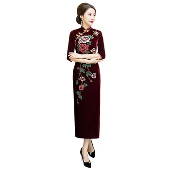 

Sexy Lady Velour Chinese Bride Wedding Dress Oversize 3XL 4XL Long Flower Qipao Vintage Mandarin Collar Cheongsam Slim Vestidos