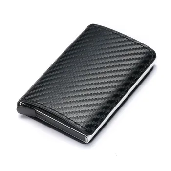 

Men Automatic Credit Card Holder Carbon Fiber Leather Wallet Aluminum Mini Wallet with Back Pocket ID Card RFID Blocking Purse