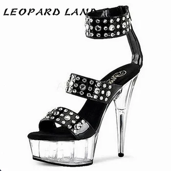 

LEOPARD LAND 15cm Heels Superfine High Heels Fashion Rivet Transparent Crystal Fun Sexy Nightclub Wristband Sandals LYP