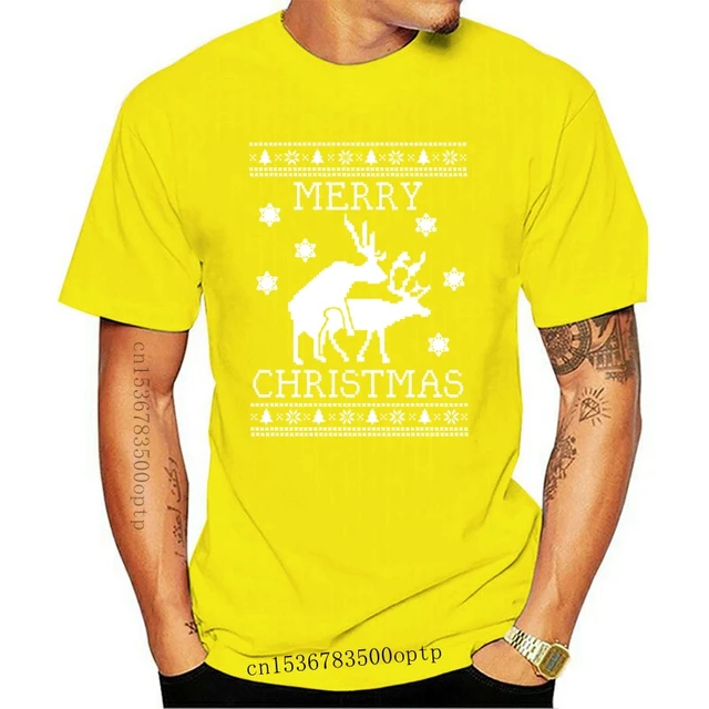 New 2021 Cotton Reindeer Humping Ugly Christmas Sweater T-Shirt Merry Xmas Party Present Gift Short-Sleeve T-Shirt yellowMen