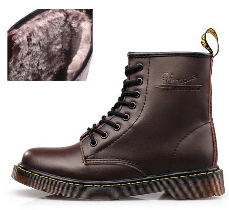 Женские кожаные ботинки Martens наивысшего качества; зимние ботинки в байкерском стиле; теплая удобная женская обувь на меху; Dr с коробкой - Цвет: brown fur