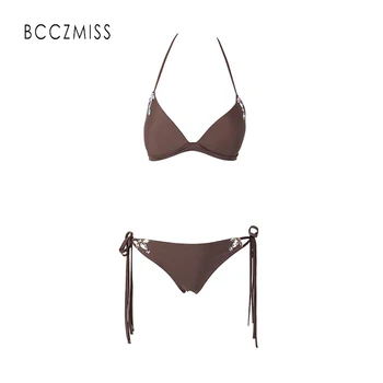 

BCCZMISS Swimming Brown Hot Sexy Suitwear For Women Beaded Decoration Female Bikini Two-Pieces Beach