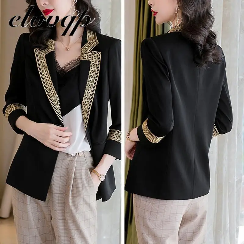 

4xl Blazer Women Autumn Jacket Coats Elegant Embroidery Outwear Casual Notched Office Wear Work Single Button Jackets