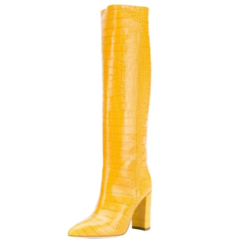 

2019 Fashion Yellow Pointed Toe Snake Prints Knee High Boots Female Python Crocodile Witner Boot Cbunky Heel Long Boots Big Size