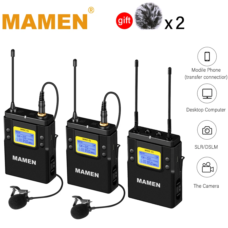 Профессиональный беспроводной микрофон MAMEN UHF с приемником 50 каналов диапазон 60