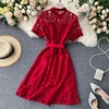 2022 Summer Sweet Party Dress Women High waist Short Sleeve Hollow Lace Dress Elegant Lady A Line Bandage Dresses Vestidos ► Photo 2/6