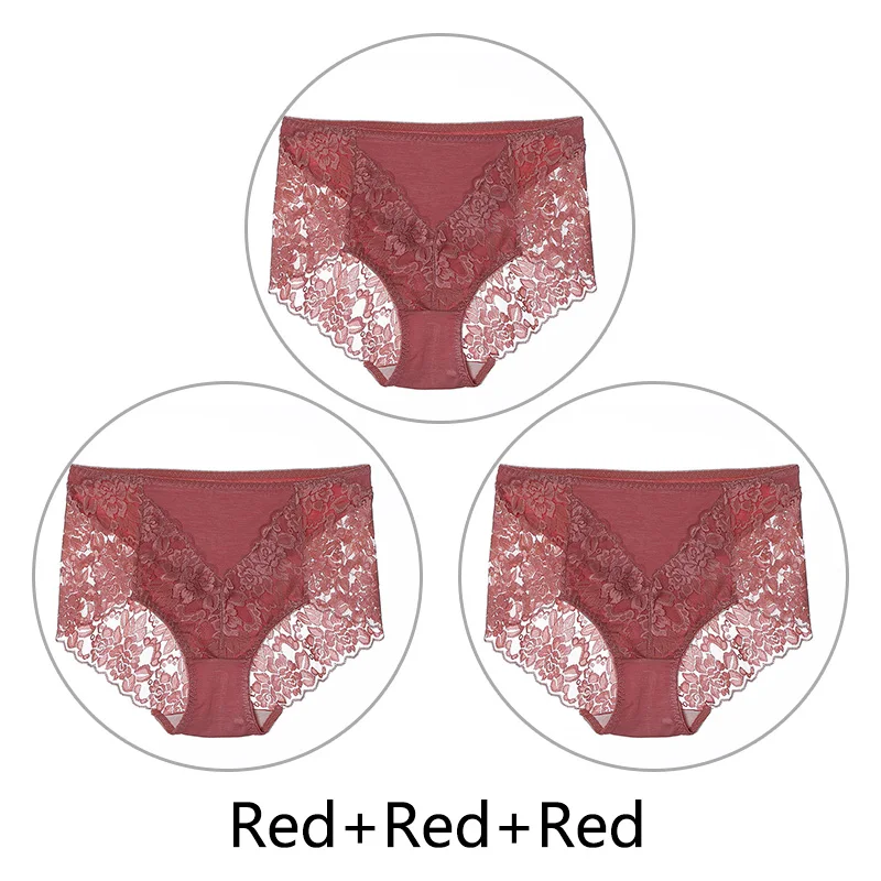 3 шт. модальные сексуальные кружевные трусики женские XL-3XL Большие размеры трусы бесшовные, нижнее белье вышивка дышащее белье средняя талия - Цвет: Red Red Red