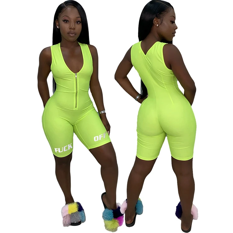 0420M104 Sexy Summer Sports Custom Bodycon Jogger Jumpsuits Zip Letter Solid Sleeveless Casual Short One Piece Romper For Woman