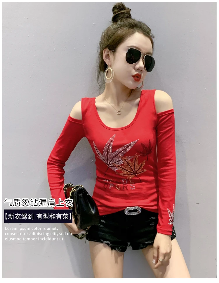 2020 Autumn long sleeve women t-shirt Sexy off the shoulder hot drilling women tops and shirt plus size women clothing