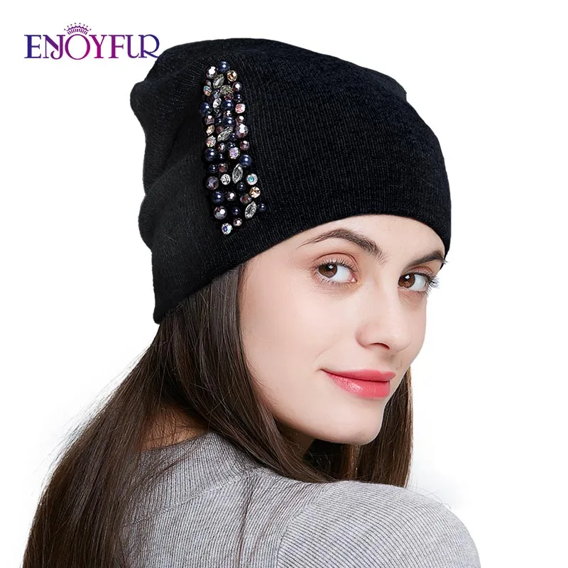 Cheap ENJOYFUR winter hats for women knitted wool warm hats lady fashion Rhinestones beanies skull cap