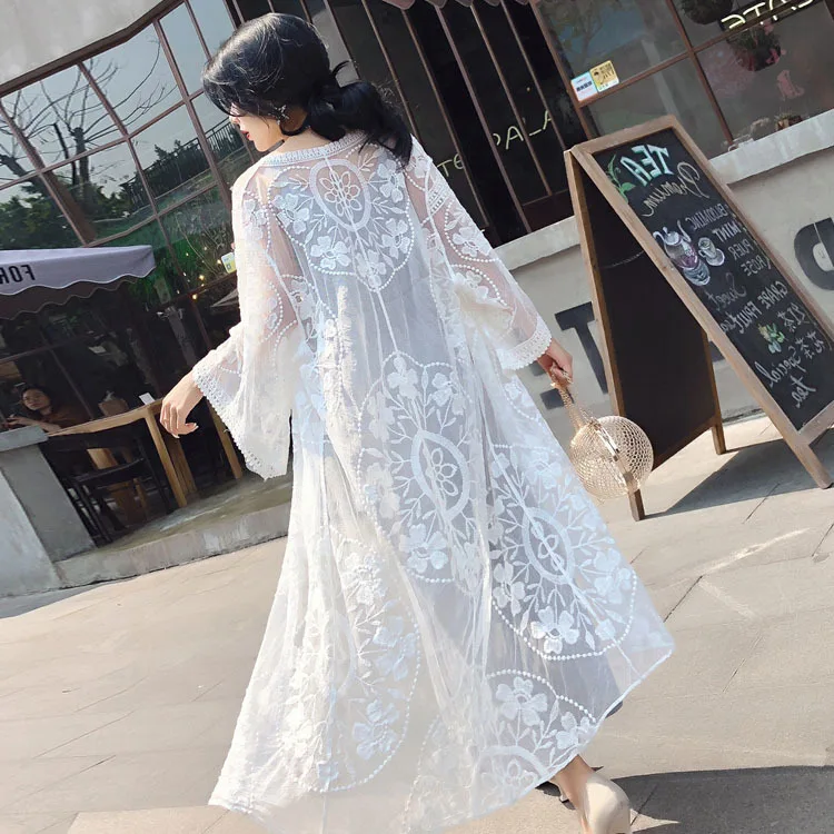

Sun Blocking Clothing Women's Korean-style Mid-length Shawl Lace Gauze Seaside Holiday Air Conditioner Cardigan Tops Women's