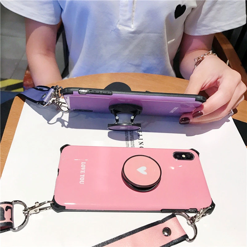 cute wallet card holder Heart-shaped bracket lanyard silicone phone case for iphone X XR XS MAX 6S 7 8 plus