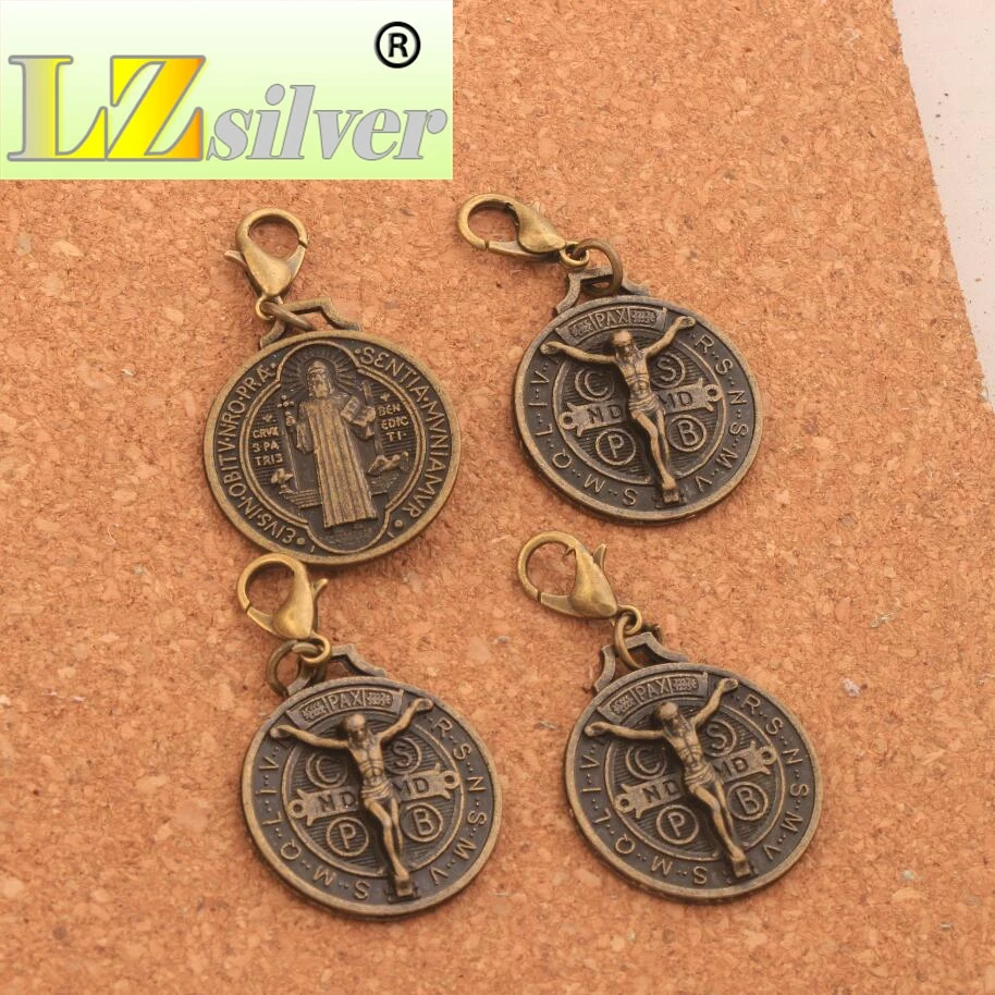 60PCS Zinc Alloy  Saint Jesus Benedict Nursia Patron Medal Crucifix Cross Clasp European Lobster Trigger Clip On C1658