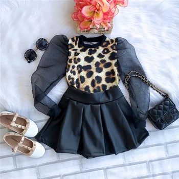 

1-5Years Fashion Spring Children Girls Clothing Sets Mesh Puff Sleeve Leopard Print T-shirts+PU Leather Ruffles Skirts Outfits