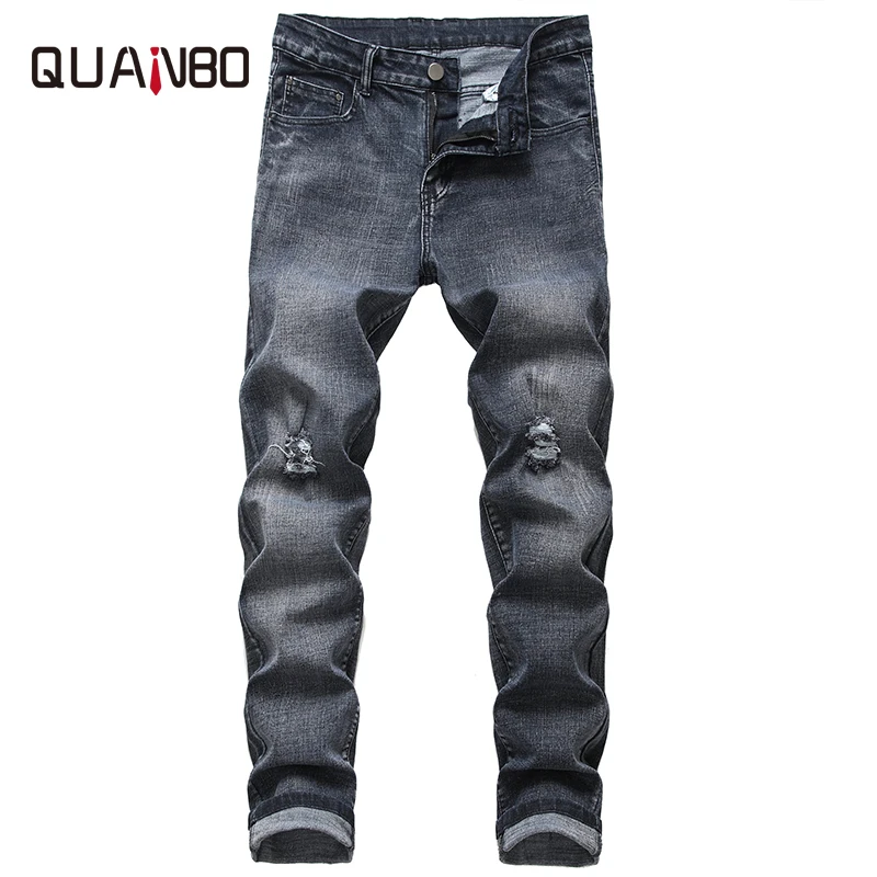 

QUANBO Brand Clothing Men's Ripped Stretch Jeans 2019 New Fall/Winter Black and Gray Straight Slim Denim Pants Plus size 40 42