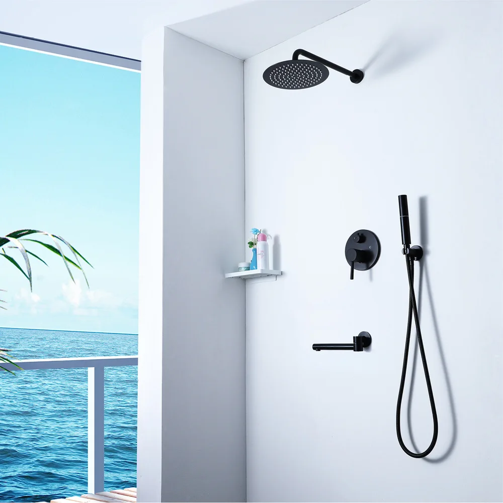 

10-Inch Ultra-Thin Top Spray Concealed Shower Wall-in Embedded Body Cold Black And White with Pattern Shower Set HI05058A