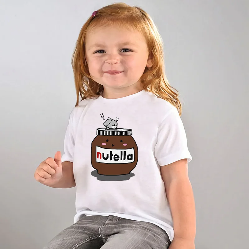 

Детская футболка Nutella Kawaii с принтом, забавная футболка для маленьких мальчиков и девочек с коротким рукавом и круглым вырезом, детская повседневная одежда, топы, oHKP5357