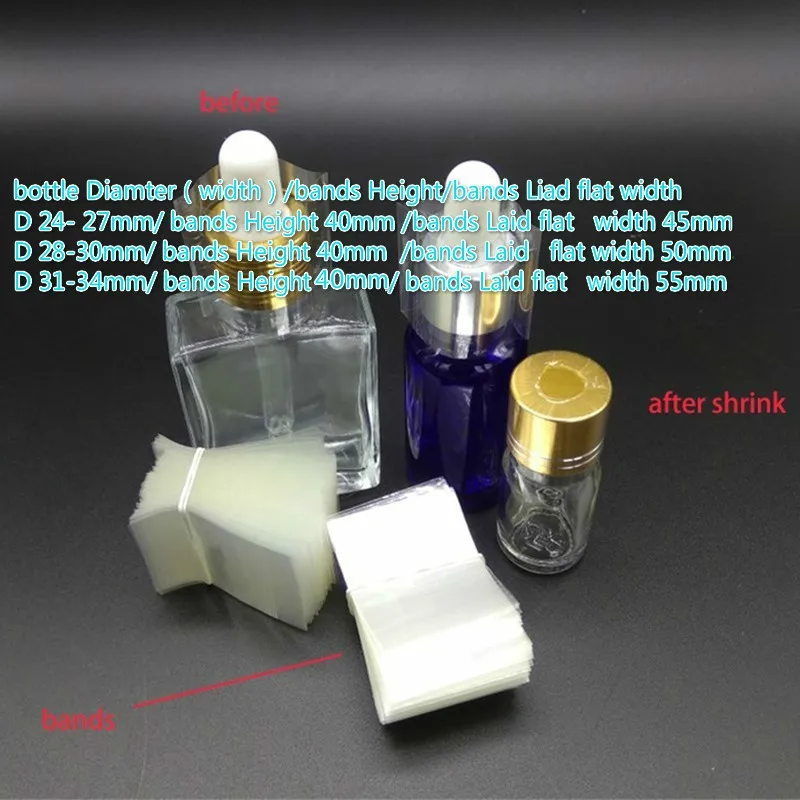 400pcs/lot Cap Heat Shrink Bands For Essential Oil Bottles-Laid Flat Width 45-55mm Hight 40mm Bottle 24-35mm | Дом и сад