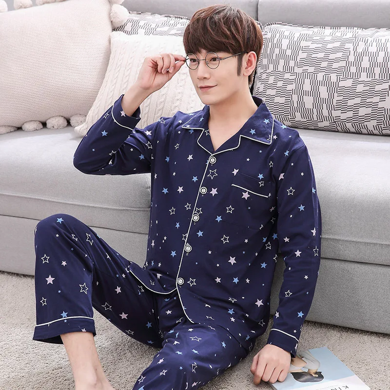 

Autumn New Style Pure Cotton Men Pajamas Long Sleeve Cardigan Suit Top Grade Star Printed Casual Comfortable Home Wear
