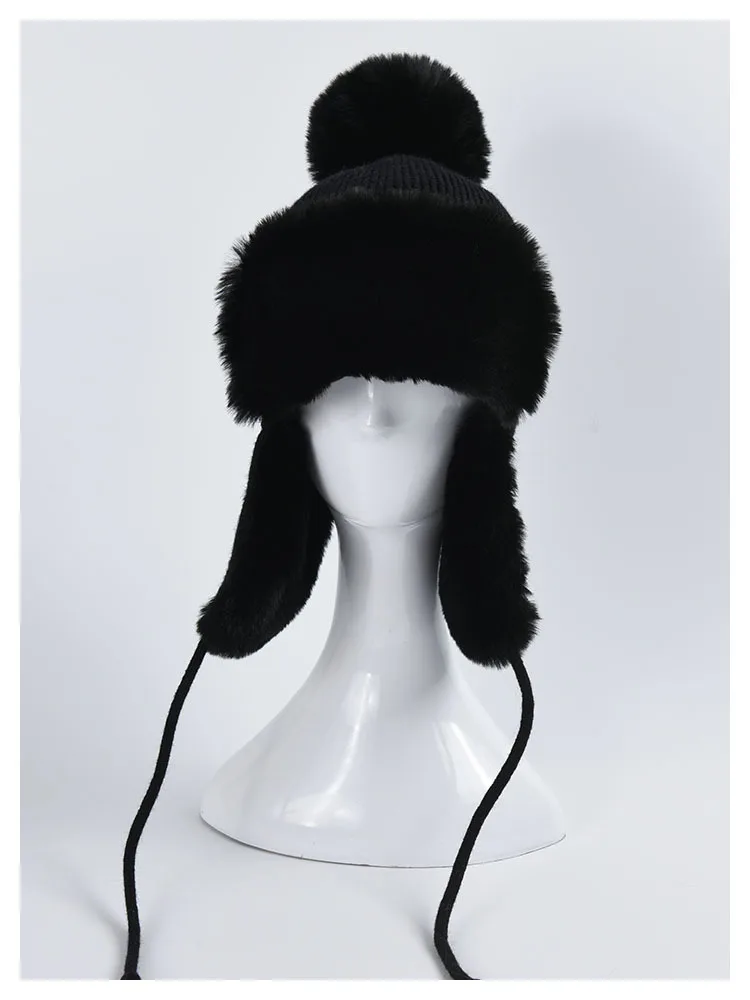 sheepskin bomber hat Autumn Winter Warm Fur Bomber Hats Women Knitting Caps With Cute Pom Ear Prorector Visor Caps For Girls carhartt bomber hat