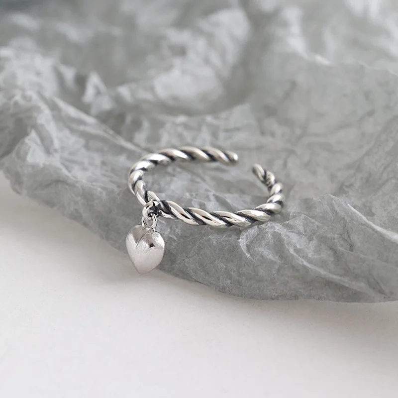 SUNIANGON Hemp Rope Heart Ring Real 925 Sterling Silver Rough Vintage Open Small For Women Gif | Украшения и аксессуары