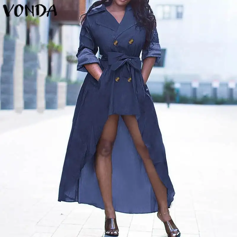 VONDA, модное асимметричное платье для беременных, женские осенние платья с длинным рукавом и отложным воротником, повседневные однотонные джинсовые Сарафаны