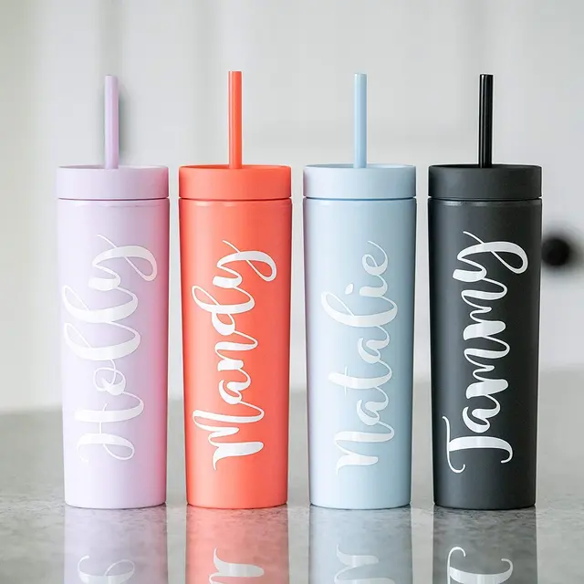 Ezhydrate Skinny Tumblers (4 Pack) - Mix- 16oz Matte Pastel Colored Acrylic Tumblers with Lids and Straws | Double Wall Plastic Tumbler with Lid and