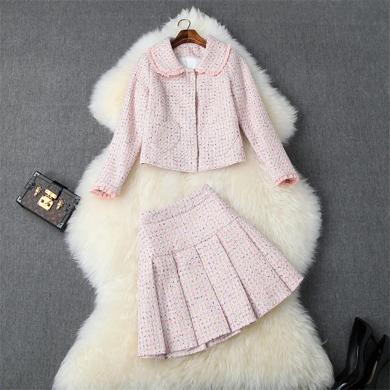 Осенне-зимний комплект из двух предметов для женщин, модный дизайнерский милый розовый твидовый шерстяной пиджак с рюшами и костюм с мини-юбкой - Цвет: Розовый