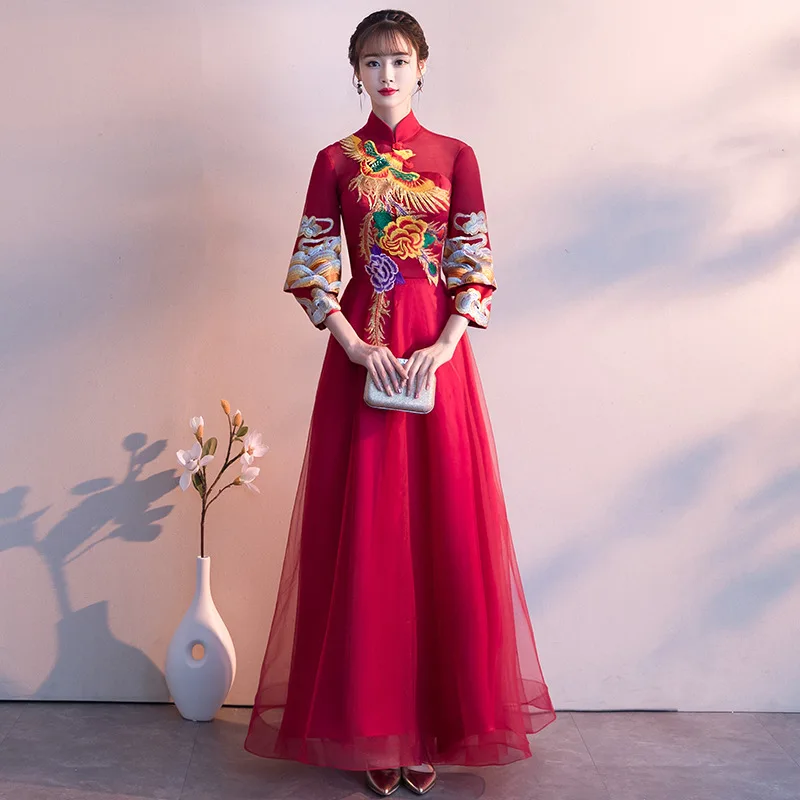 Феникс вышивка длинный Cheongsam красный современный Femme Тонкий Вечерние платья Qi Pao женское традиционное китайское свадебное платье Qipao - Цвет: WR B long