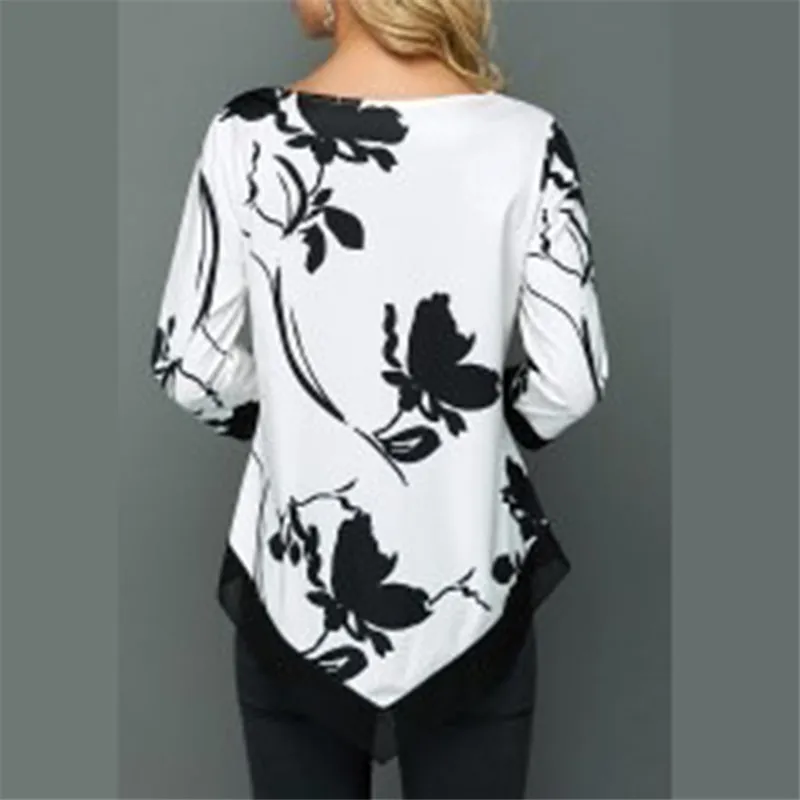 4XL Plus Size Women Blouses 2019 Autumn Tops Casual Long Sleeve Print Lace Patchwork Shirt Lady Irregular Blouse Large Size 5XL