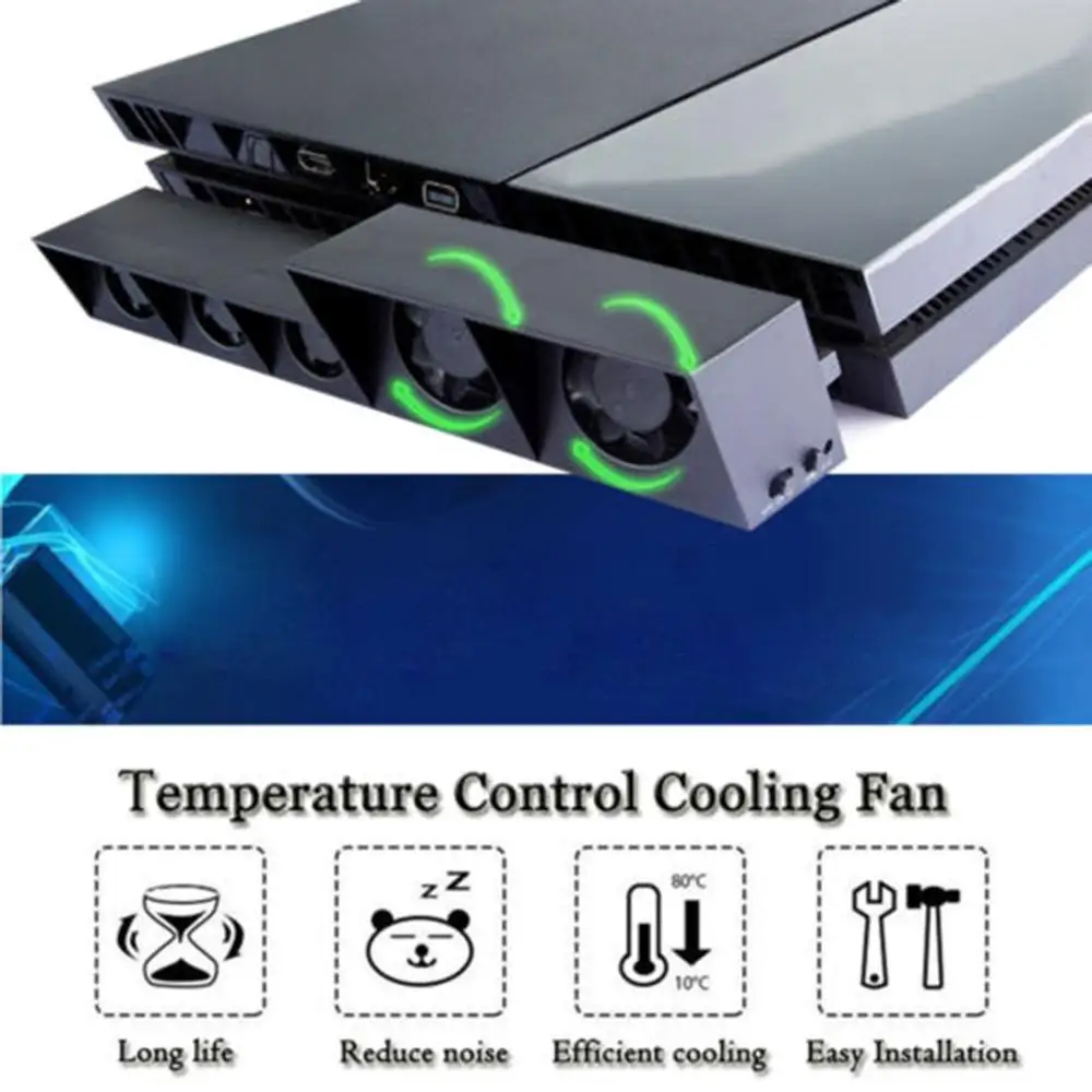 TP4-005 USB Cooling Fan Smart Turbo Temperature Control Black Cooler 5-Fan for Playstation 4 for PS4 Radiation Fan Durable