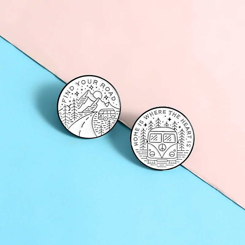 Simple Sketch Bus Enamel Pins ɿind Your Road' 'Home Is Where The Heart Is' Inspiring Brooches Badges Gifts for Women Men |