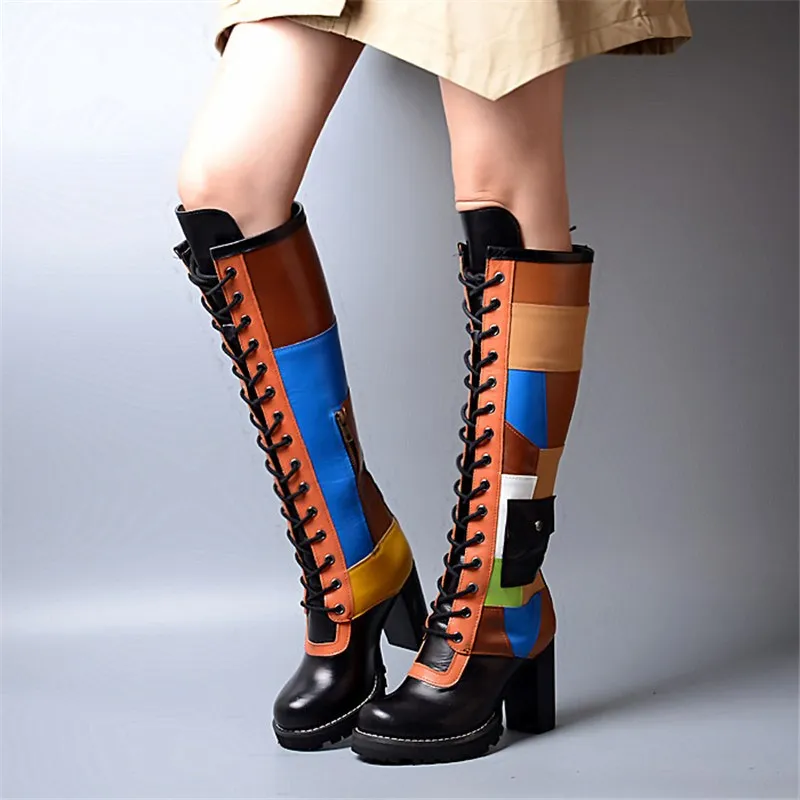

Stylesowner 2019 Top Quality Thigh Highs Colorful Look Thin Knee High Boots Mixed Colors Round Toe with Platform Long Boots