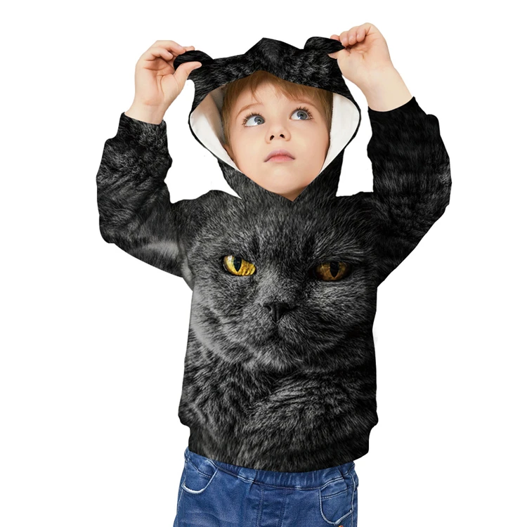 Весенне-осенняя толстовка с капюшоном и ушками; детская толстовка с длинными рукавами и 3D-принтом кота для мальчиков и девочек-подростков; детские толстовки с капюшоном; пуловер; топы