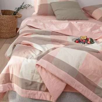 

Summer Washed Cotton Air-conditioning Quilt Soft Breathable Blanket Thin Stripe Plaid Comforter Bed Cover Twin King Queen Size