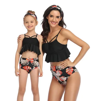 

Girls Two Piece Swimsuit Ruffled Swimwear Tankini Children Bathing Suit Young Girl Bikini Set Family Matching Beachwear 2020