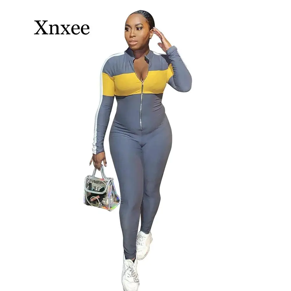 

Women sexy jumpsuit long sleeve splice turn down collar sexy overalls casual sporty romper women body femme sportwear gray run